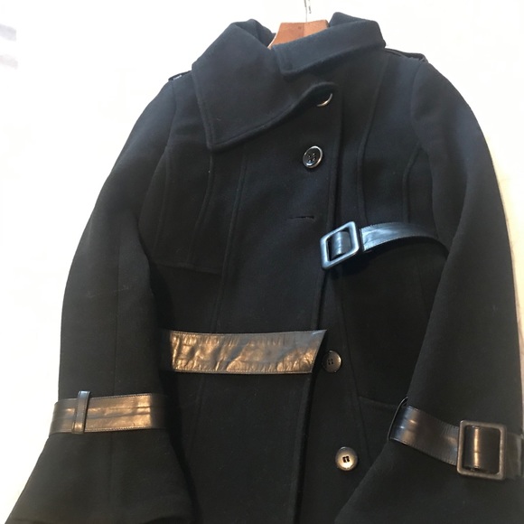 Mackage black wool pea coat with leather trim - Picture 2 of 6